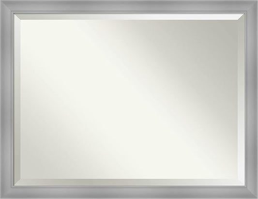 Amanti Art Silver Bathroom Mirror for Over Sink, 34x44 Flair Polished Nickel Rectangle Vanity Mirror, X-Large Casual Frame, Hangs Horizonally and Vertically, Bathroom Wall Decor, Beveled Edge