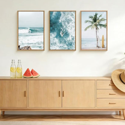 HLNIUC Blue Ocean Surfing Framed Canvas Wall Art,Large Seascape Tree Wall Decor,Nature Landscape Sea Wave Artwork Set of 3(24x36),Modern Coastal Scenic Prints for Living Room,Bedroom,Bathroom