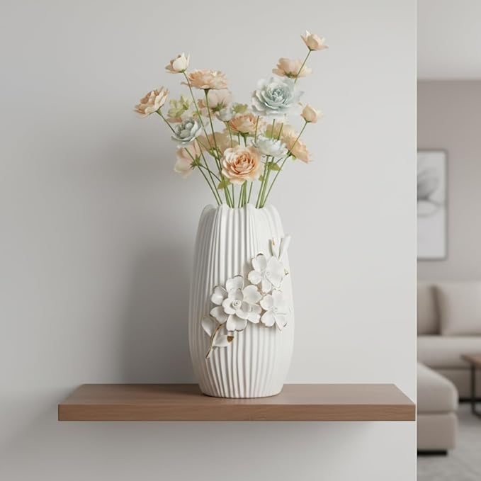 White Ceramic Vase - 9 Inch 3D Modern Vase for Centerpieces, Minimalist Decorative Vases Home Decor, Bathroom, Shelf, Kitchen, Living Room, Table Decor