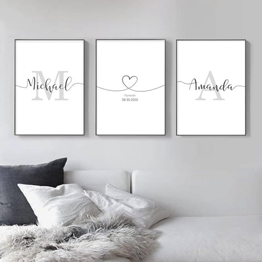 Woodkap Wall Art Decor, Custom Couples Sign Initials Name and Date Print Pictures Unframed, Wall Decorations for Home Living Room Master Bedroom Bathroom, Above Bed Artwork, Engagement & Wedding Gifts