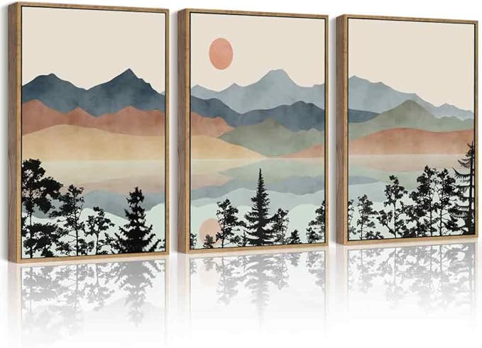Drsoum Mountain Range Landscape Wall Art Framed Ink Wash Watercolor Nature Wall Decor Laker Sun Rises Prints Bedroom Living Room Ready to Hang 12x16in Natural Framed