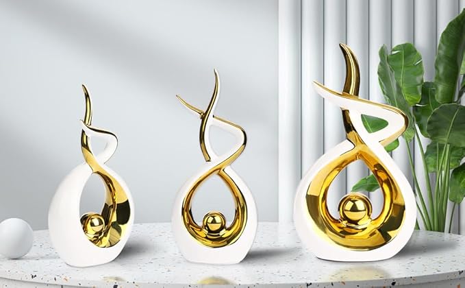 Querro Modern Abstract Ceramic Statue - Elegant White & Gold Decor for Home Living Room, Dining Table Centerpiece & Office Shelf | Luxury Aesthetic Sculpture(Small)