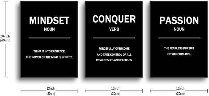 Inspirational Wall Art Motivational Entrepreneur Quotes 3 Pieces Picture Painting Mindset Conquer Passion Posters Print for Living Room Teens Room Gym Workplace Artwork Ready to Hang [36''W X 16''H]