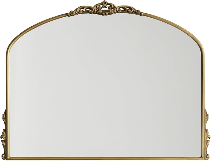 Vintage Gold Wall Mirror - 40x30 Inch, Baroque Arched Design, Ornate Crown Metal Frame, Distressed Gold Finish, Large Antique Decorative Mirror for Fireplace Mantle, Living Room, Bathroom, Entryway