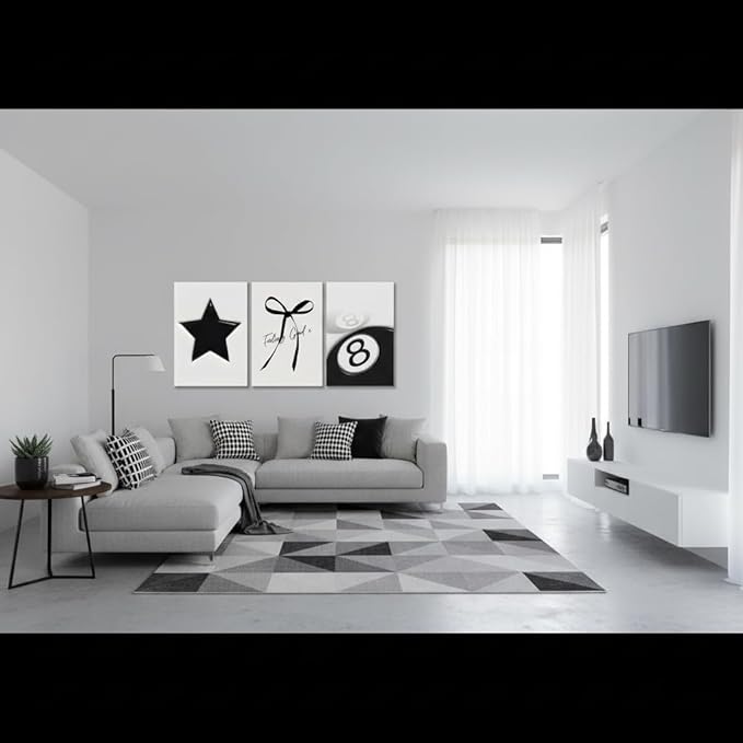 Black and White Wall Art Set of 3, Trendy Star Bow 8 Ball Canvas Wall Decor, Minimalist Aesthetic Wrapped Canvas Prints Ready to Hang for Teen Girl Bedroom Dorm Apartment Room 16x12 or 24x16 Inch