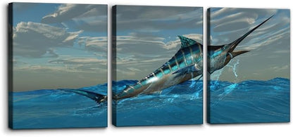 Pacimo Fish Canvas Art Wall Decor Blue Marlin Fish Bursts from Ocean Waters Pictures Prints on Canvas Tropical Animal Paintings 3 Panels Modern Artwork Home Decoration Framed Ready to Hang - 12"x16"x3
