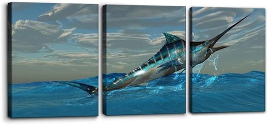 Pacimo Fish Canvas Art Wall Decor Blue Marlin Fish Bursts from Ocean Waters Pictures Prints on Canvas Tropical Animal Paintings 3 Panels Modern Artwork Home Decoration Framed Ready to Hang - 12"x16"x3