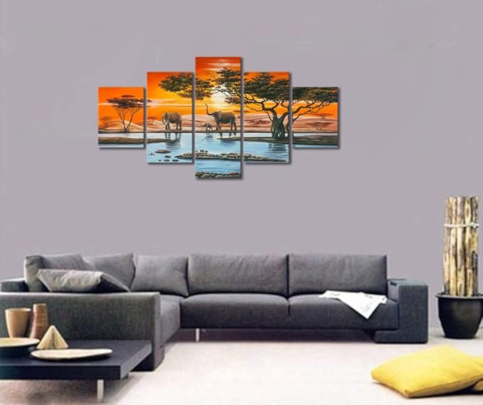 Wieco Art Elephant Family Large Modern 5 Piece Gallery Wrapped African Landscape Giclee Canvas Prints Artwork Animals Paintings Reproduction Pictures on Canvas Wall Art for Bedroom Home Decor L