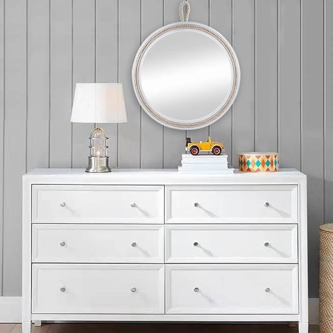 Small Decorative Mirror 11.4'' Round Hanging Mirror for Wall Nautical Rope Mirror for Bathroom Office Living Room All Occasions, White Accent 2