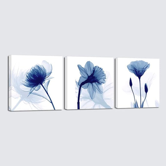 Wieco Art Blue Abstract Flowers 3 Panels Giclee Canvas Prints Wall Art Modern Pictures Artwork for Living Room Bedroom and Home Decorations