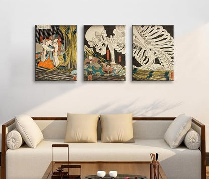 dgbtcart Japanese Wall Art Witch and Skeleton Ukiyo-E by Utagawa Takiyasha Canvas Prints Wall Art Triptych Paintings Goth Poster Decor for Bedroom Living Room 12" x 16"x3 Pcs