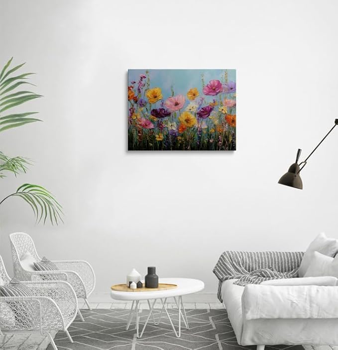 Vibrant Wildflower Poppy Canvas Wall Art Framed Painting Bold Impasto Style Bright Yellow Pink Orange Blooms Textured 3D Effect Cheerful Wall Decor Artwork for Bedroom Office 16x24 Inches