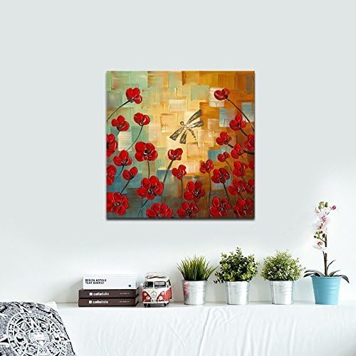 Wieco Art Dragonfly Floral Oil Paintings on Canvas Wall Art Ready to Hang for Bedroom Kitchen Dining Room Home Decorations Modern 100% Hand Painted Stretched and Framed Abstract Flowers Artwork