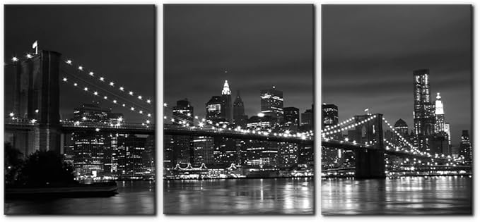 Pacimo New York Brooklyn Bridge Canvas Wall Art 3 Panels Night View Modern Landscape Artwork Cityscape Pictures Prints on Canvas Wall Decor for Home & Office Decoration - 20"x28"x3