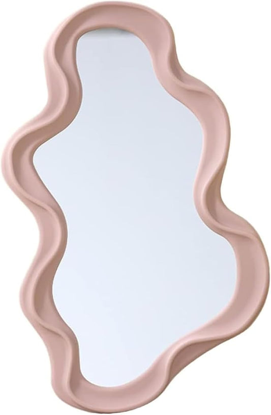 Mokoze Asymmetrical Wall Mirror, Irregular Decorative Accent for Bedroom Entryway Living Room, Pink Aesthetic Vanity Decor for Wall Mounted or Tabletop Display, 16.14" x 9.84"