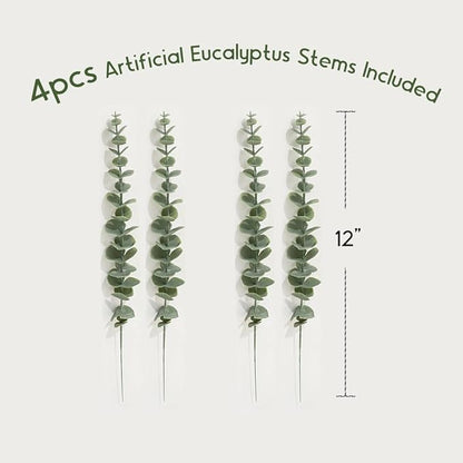 2-Pack Wood Wall Planters with 4 Removable Faux Eucalyptus Stems - Modern Farmhouse Wall Decor for Living Room, Bedroom, Bathroom - Wooden Wall Vases and Fake Eucalyptus for Home Office Decor