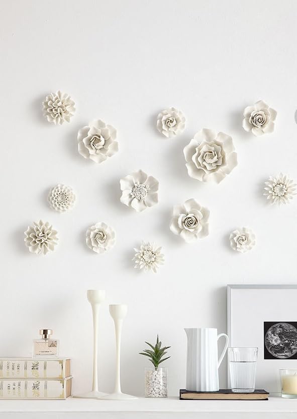 Ceramic Flower Wall Art, Artificial 3D Handmade Porcelain Flower Wall Hanging Sculpture Decor for Home Office (White, Paeonia Lactiflora, 2.95")