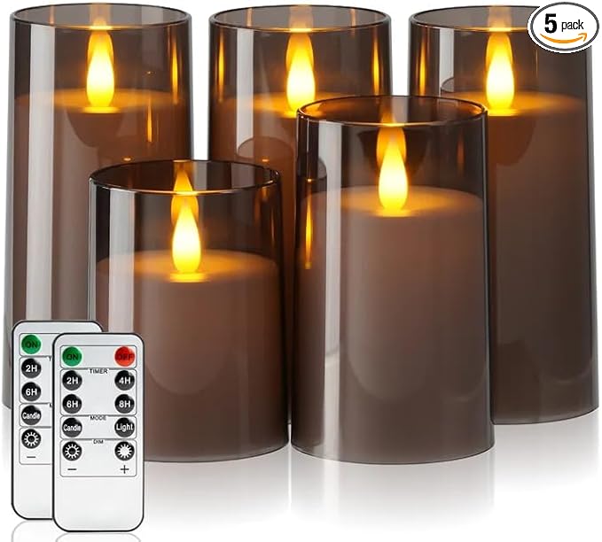 Amagic 3"×4" 5" 6" 6" 6" Gray Flameless Candles with Remote and Timer, Realistic Flickering Battery Operated Acrylic Led Fake Candles for Home Wedding Party Fall Christmas Decor, Set of 5