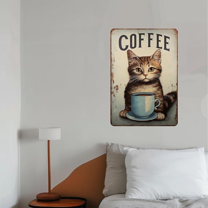Metal Signs cat coffee retro Sign Vintage Signs Retro Aluminum Tin Sign for Kitchen Office Home Bar Cafe Decor 8x12 Inch