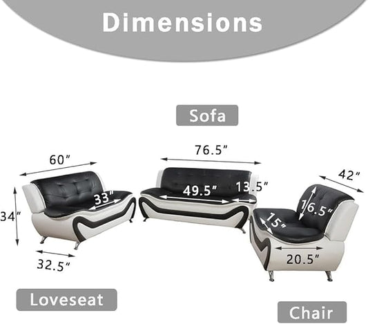2PCS Living Room Furniture Sets, Faux Leather Sofa Couches, Living Room Black&White Sofa Set, Loveseat and Chair for Bedroom, Apartment