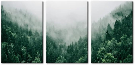 Pacimo Canvas Print Wall Art Set Talking with the Fog Aerial View of Pine Trees in Mist Realism Pictures Print on Canvas Rustic Scenic Modern Artwork Stretch Framed Ready to Hang - 16"x24"x3 Panel