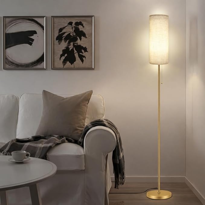 Ldeco Modern Floor Lamp for Living Room, Gold Standing Lamps with 3 Color Temperatures Bulb, Minimalist Tall Lamp with Chain Switch for Bedroom, LED Bulb Included(Beige Shade+Gold)