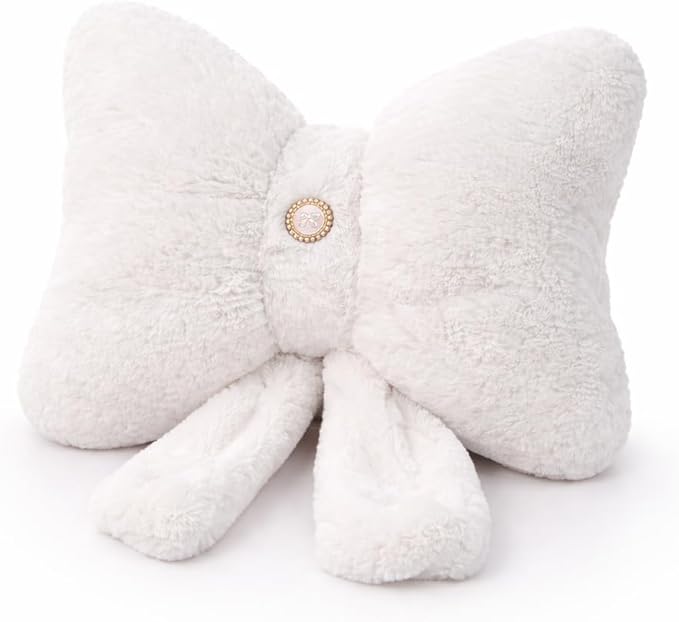White Bow Pillow 12x9 Inch, Cute Plush Bow Shaped Decorative Pillow with Back Strap, Coquette Room Decor for Teen Girls Bedroom Chair Couch Car