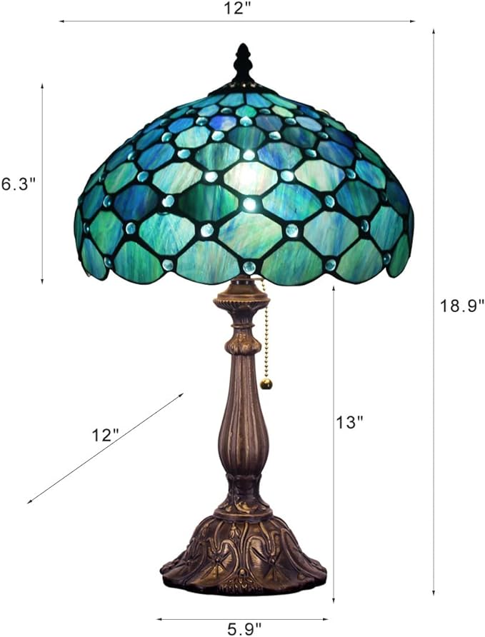 Tiffany Table Lamp Stained Glass Lamp 12X12X19 Inch Antique Reading Light (Sea Blue Pear)