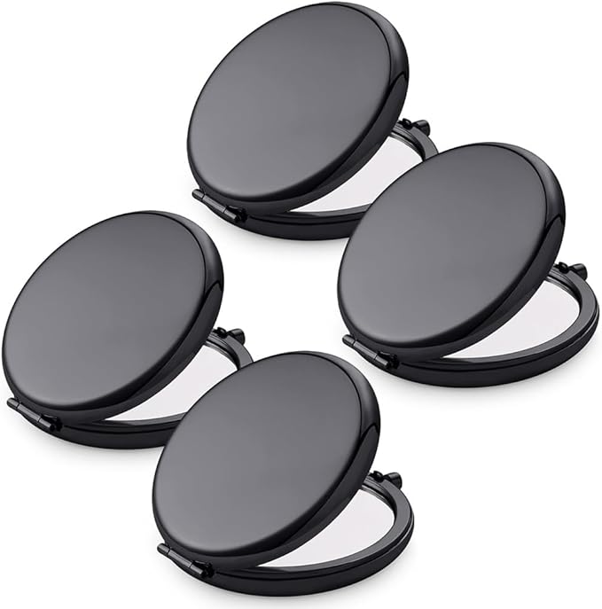 Compact Mirror for Purse, Metal Round Shell, Double-Sided 1X/2X Magnifying, Portable Travel Small Makeup Mirror, Mini Pocket Mirror, Black, 4 Packs