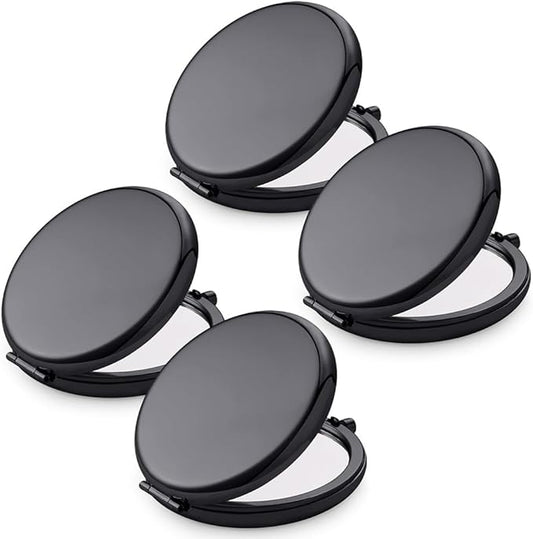 Compact Mirror for Purse, Metal Round Shell, Double-Sided 1X/2X Magnifying, Portable Travel Small Makeup Mirror, Mini Pocket Mirror, Black, 4 Packs