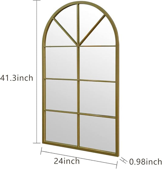 ironsmithn Large Arched Grid Mirror, Gold Windowpane Mirror, 43.3"x25.5" Window Finished Metal Mirrors for Decor Living Room Fireplace Entryway Bedroom Hallway