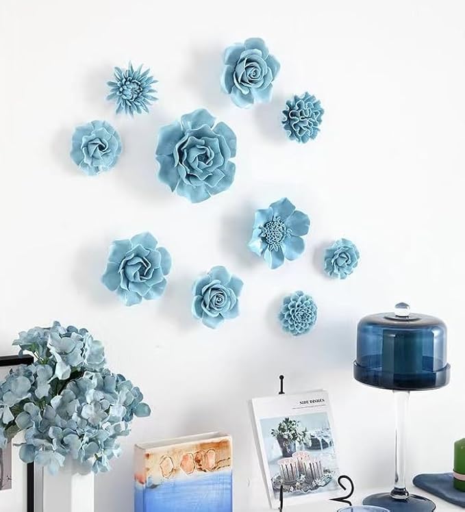 3.35" Ceramic Flower Wall Art, Artificial 3D Flower Wall Art，Handmade 3D Wall Art Hanging Sculpture， Porcelain Flower Wall Décor,Handmade Porcelain Flower Decoration for Home Office Decor (Blue，Chrysanthemum)