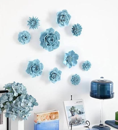 3.35" Ceramic Flower Wall Art, Artificial 3D Flower Wall Art，Handmade 3D Wall Art Hanging Sculpture， Porcelain Flower Wall Décor,Handmade Porcelain Flower Decoration for Home Office Decor (Blue，Chrysanthemum)