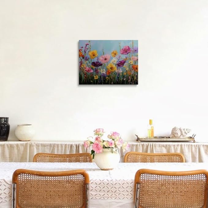 Vibrant Wildflower Poppy Canvas Wall Art Framed Painting Bold Impasto Style Bright Yellow Pink Orange Blooms Textured 3D Effect Cheerful Wall Decor Artwork for Bedroom Office 16x24 Inches