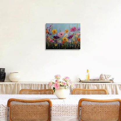 Vibrant Wildflower Poppy Canvas Wall Art Framed Painting Bold Impasto Style Bright Yellow Pink Orange Blooms Textured 3D Effect Cheerful Wall Decor Artwork for Bedroom Office 16x24 Inches