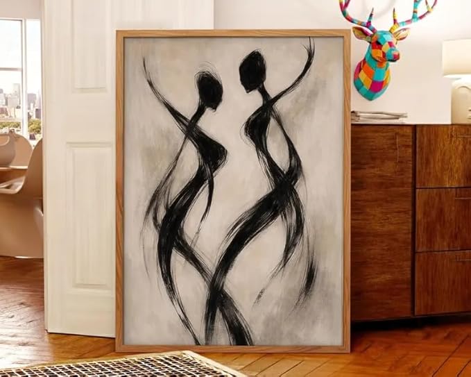 Abstract Dancer Wall Art Modern Black Brushstroke Figure Silhouette Elegant Minimalist Neutral Tone Home Living Room Bedroom Entryway Sophisticated Artistic Interior Decor Statement Piece 16x24 Inch Unframed