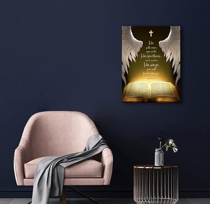 Psalms 91:4 Wall Art Canvas Prints， He Will Cover You With His Feathers，Bible Verse with Christian Sayings Decor, suitable for offices,Church, Home Wall Decor ，Tabletop/Hanging(29x38cm) framed