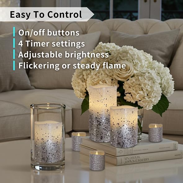 FURORA LIGHTING Silver Glitter Flameless Candles - Real Wax, Adjustable Brightness, Remote & Timer - 4 Pillars (3x4, 3x6) and 4 Votives, 8-Pack, Battery Operated