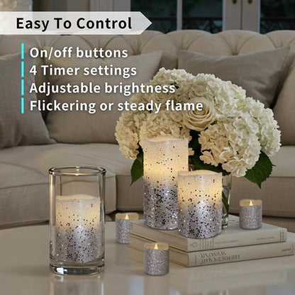 FURORA LIGHTING Silver Glitter Flameless Candles - Real Wax, Adjustable Brightness, Remote & Timer - 4 Pillars (3x4, 3x6) and 4 Votives, 8-Pack, Battery Operated