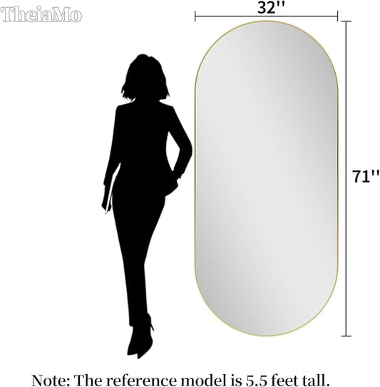 Oval Full Length Mirror, 71"×32" Wall-Mounted Mirror with Gold Frame in Shiny Gold, Ultra-Clear Explosion-Proof Dressing Mirror, Simple & Classic Deco for Cloakroom/Bedroom/Living Room