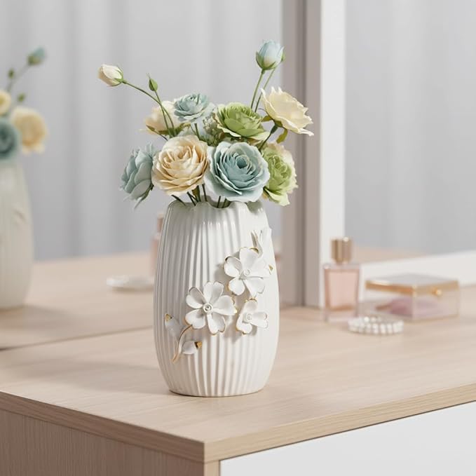 White Ceramic Vase - 7 Inch Textured Boho Flower Vase, Modern 3D Floral Vases Home Decor, Living Room, Table, Wedding Decor, Easter Centerpiece