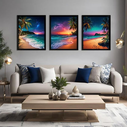Beach Sunset Black Framed Wall Art for Living Room Tropical Ocean Canvas Prints Northern Lights Aurora Natural Landscape Painting Large Wall Decor for Bedroom Office Dining Room 16"x24"x3pcs