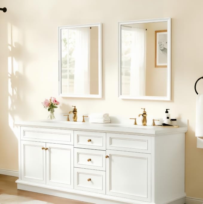 USHOWER White Bathroom Mirrors for Over Sink 24x36 Inch, Metal Framed Rectangle Vanity Mirror for Wall, Bedroom, Living Room, Entryway, Farmhouse, Anti-Rust, HD Tempered Glass, Horizontal/Vertical