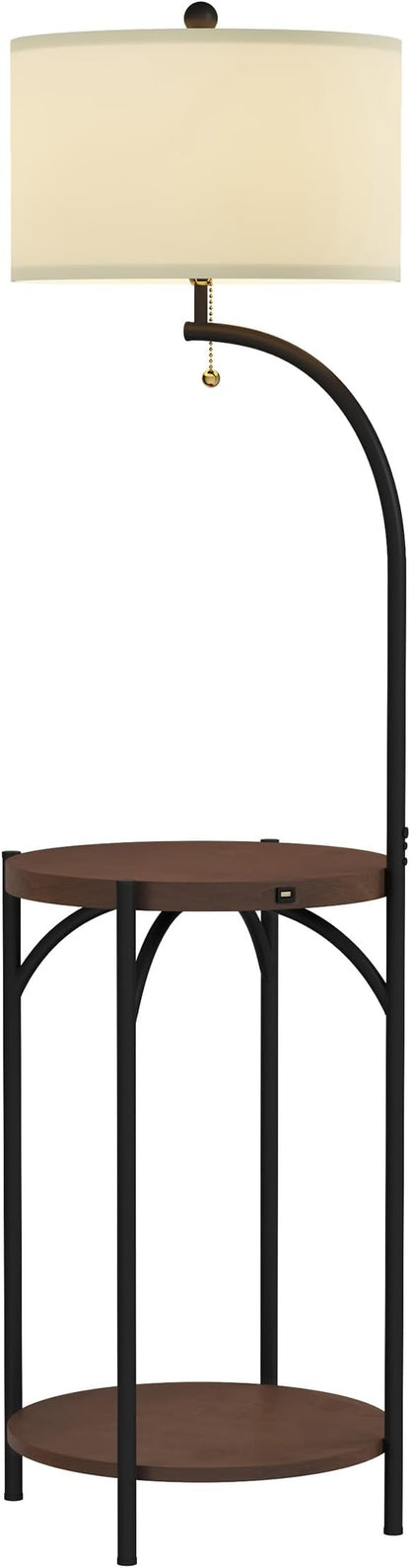 Floor Lamp with End Table - Modern Rustic Side Shelves with USB Charging Port, LED Light Bulb, and Drum-Shaped Shade - Standing Lights by Lavish Home