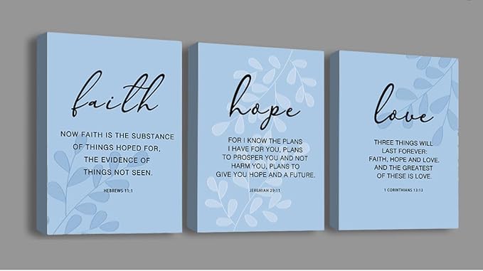 Faith, Hope & Love Bible Verse Inspirational Wall Art, Christian Canvas Wall Art, A Great Religious Decor Gift for Living Room & Bedroom, (8 X 10in X 3 pcs) Framed (Blue)
