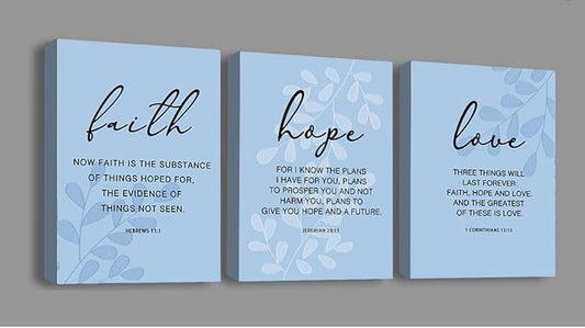 Faith, Hope & Love Bible Verse Inspirational Wall Art, Christian Canvas Wall Art, A Great Religious Decor Gift for Living Room & Bedroom, (8 X 10in X 3 pcs) Framed (Blue)