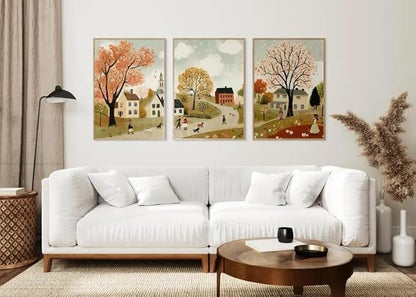 Autumn Wall Art Set of 3 Boho Vintage Cozy Rustic Autumn Tree Small Town Scene Walking Figure Dog Warm Tone Home Living Room Bedroom Nature-Themed Stylish Interior Decor Accent 12x16 Inch Unframed