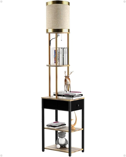 Lightdot 65IN Floor Lamps with Storage Table&Drawer, Corner Shelf Lamps with Black End Table and Fabric Shade, Modern Standing Tall Lamp for Living Room/Bedroom/Sofa Beside/Corner Decor(Bulb Included)