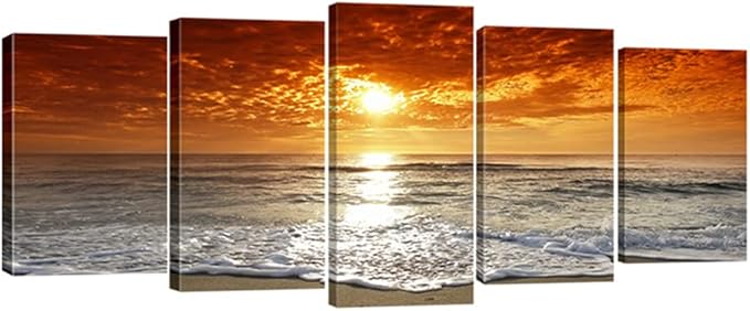 Wieco Art Grand Sight Sunset Ocean Canvas Prints Wall Art Sea Beach Pictures to Photo Paintings Landscape Decor for Living Room Bedroom Home Decorations 5 Panels Modern HD Seascape Giclee Artwork
