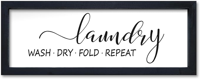 Laundry Room Wall Decor Sign 16"×6" Bathroom Laundry Rules Wash Dry Fold Repeat Small Wood Framed Wall Hanging Art (Black)
